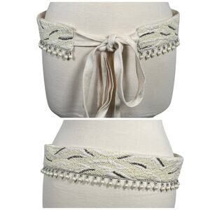 Piluca Bayarri Ibiza Tie Tassel Front Beaded Wide Obi Hip Belt OS Ivory Bohemian